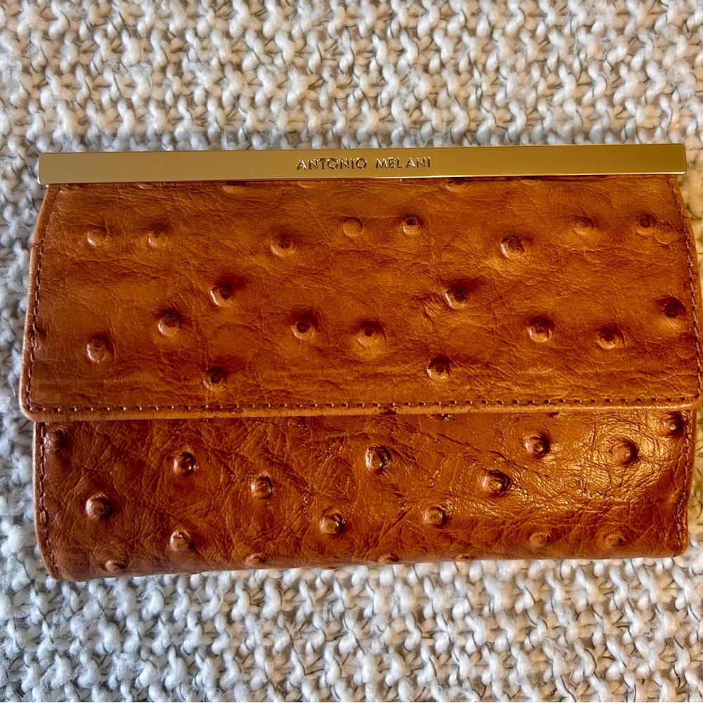 Antonio Melani Tan Leather Ostrich Clutch NWOT